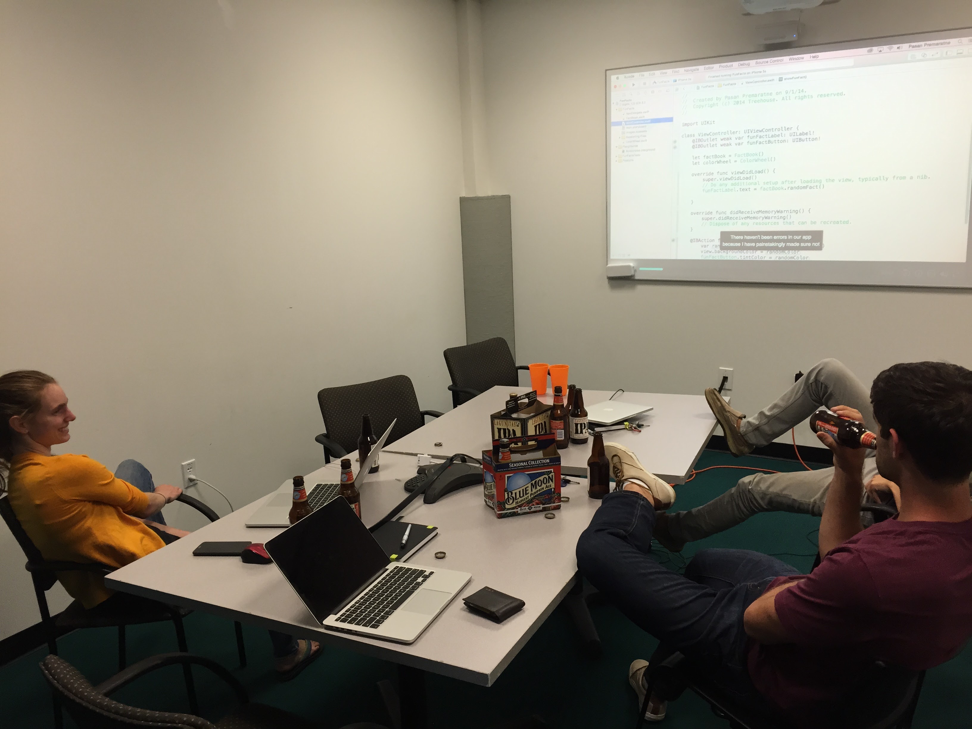 The day we decided to make a native app I went out and got us two six packs and we spent the rest of the afteroon drinking away our JavaScript sorrows and watching videos teaching us Swift.