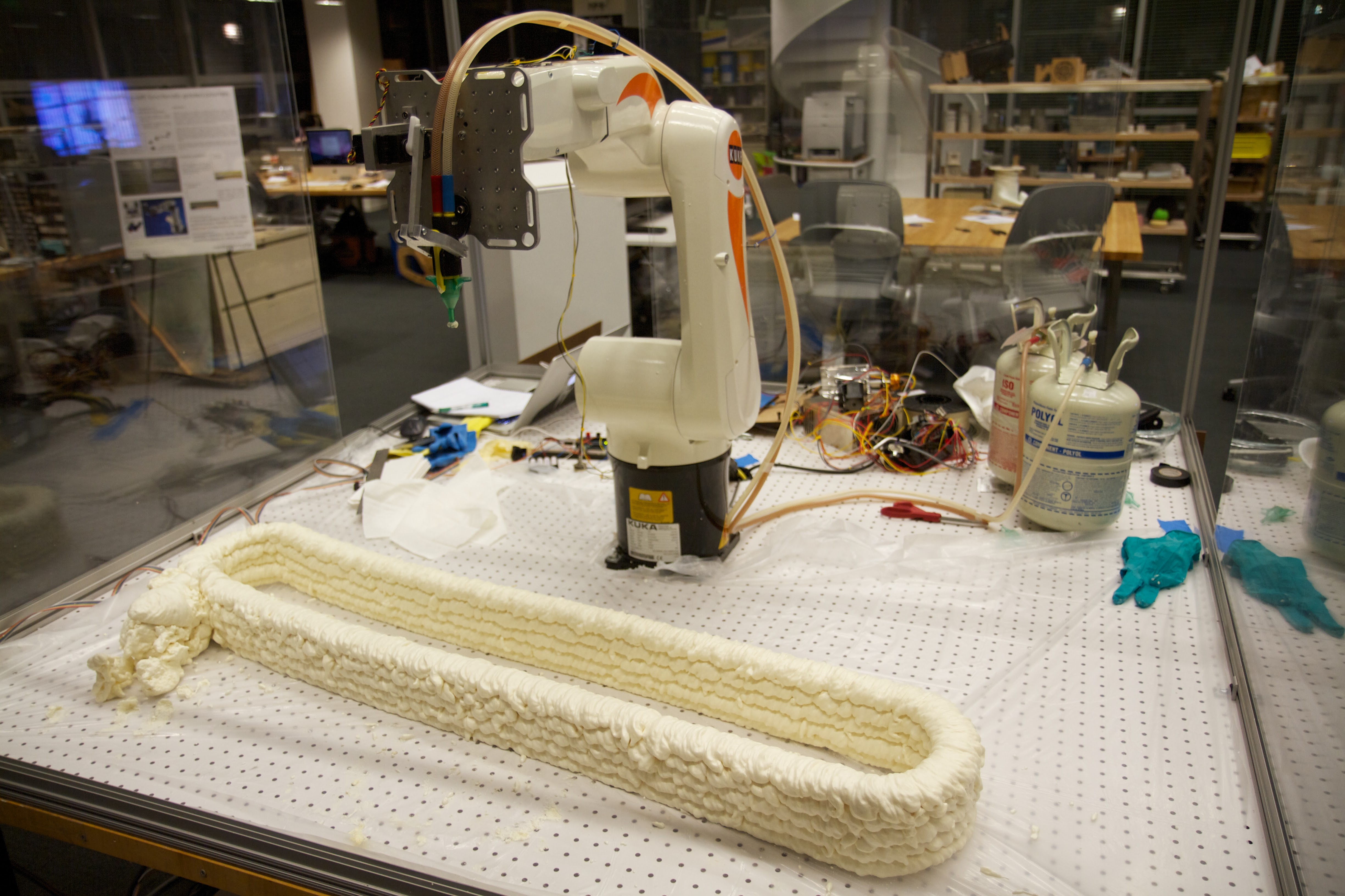 One of our first successful experiments using the arm and the foam canister in tandem