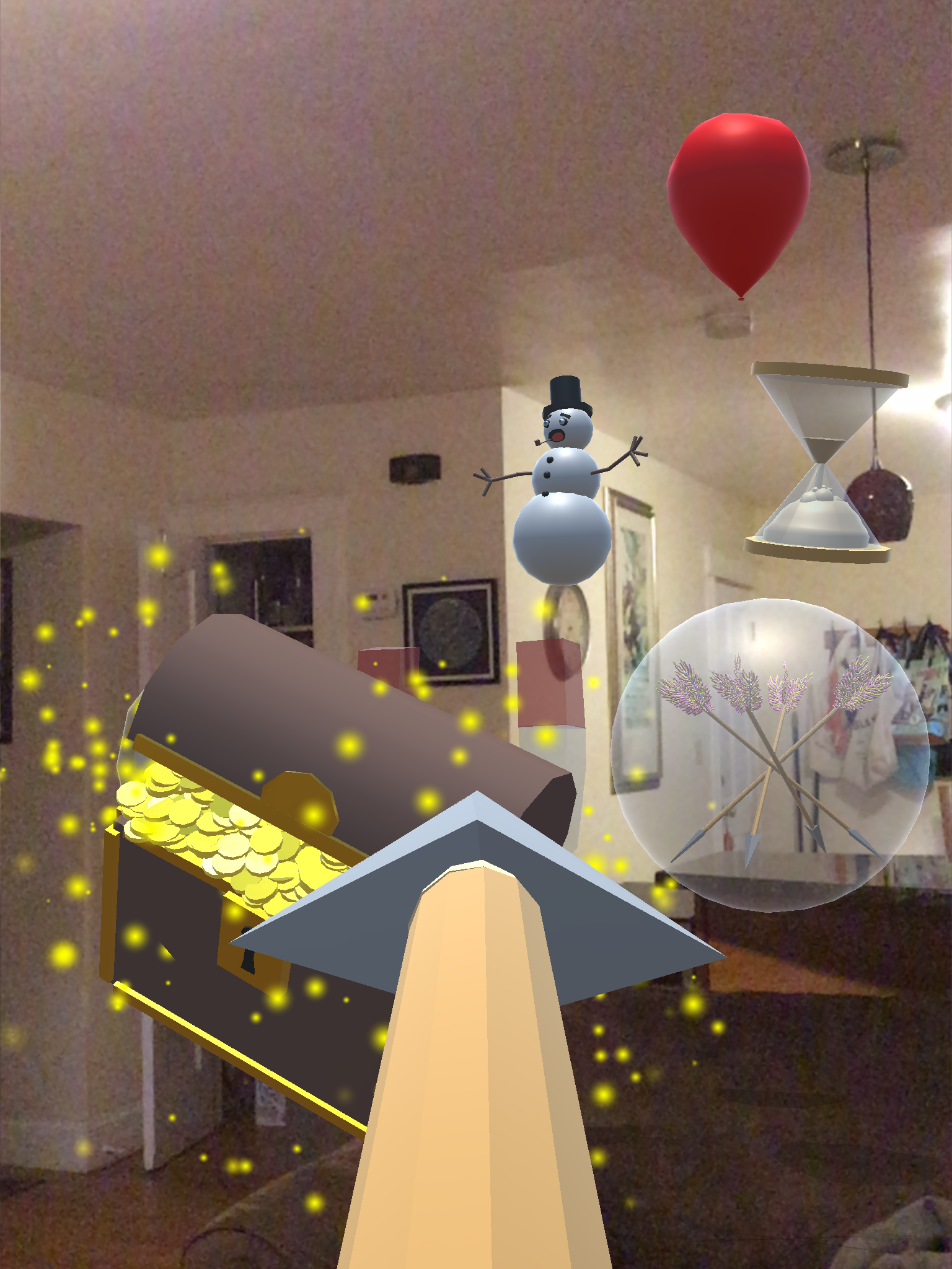 A sparkling treasure chest is revealed after beating the first three challenges, with the other four challenge balloons appearing behind it as semi-transparent.