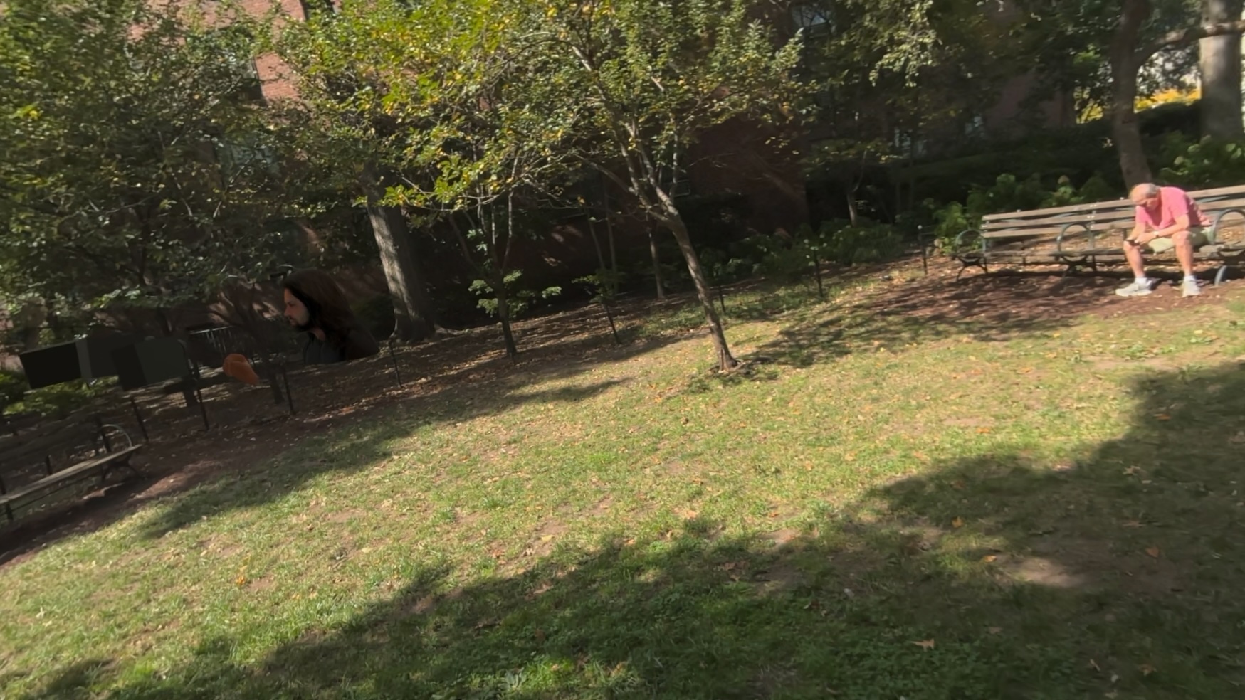A screengrab from our recording session outside. Elliot's on the left setting up virtual cameras, my unknowing neighbor sitting on the bench.